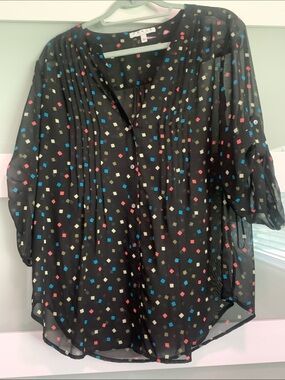 Chaus Black Sheer Blouse with Multicolor Square Print